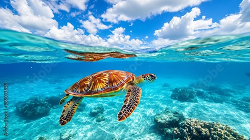 Fototapeta Naklejka Na Ścianę i Meble -  Swimming across the pristine lagoon of Lady Elliot Island on the Great Barrier Reef in Queensland, Australia, is a green sea turtle.