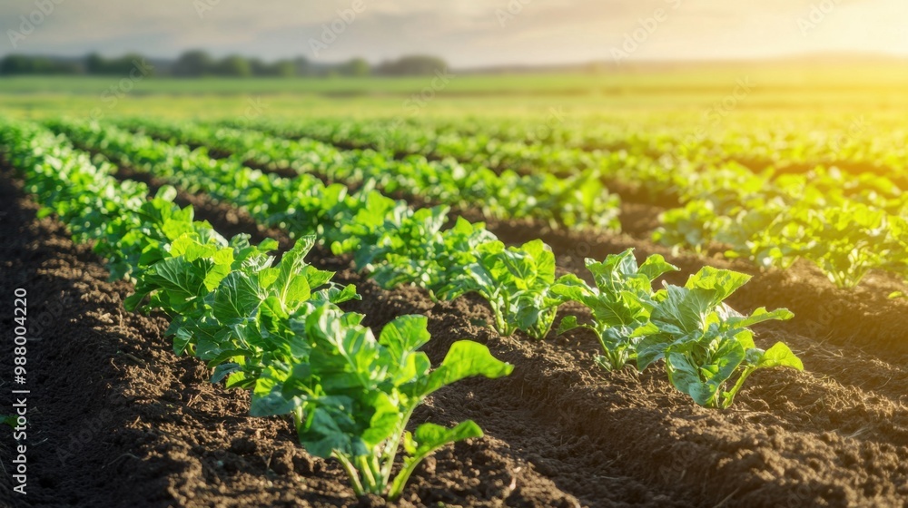 An organic farm with lush green crops growing under natural sunlight in a sustainable environment An organic farm with lush green crops growing under natural sunlight in a sustainable environment