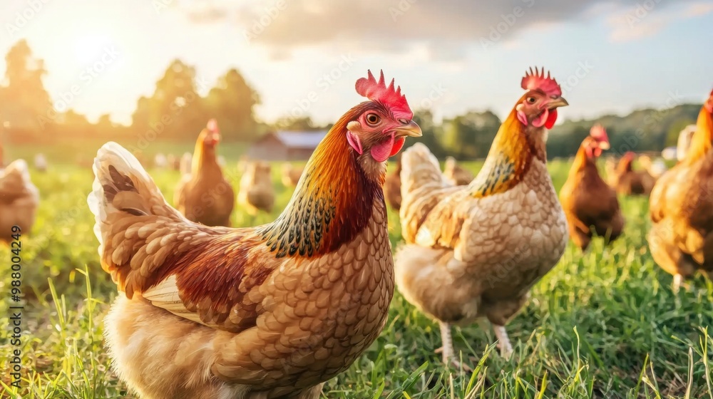 Fototapeta premium Organic chickens roaming freely in a large open pasture on a sustainable farm