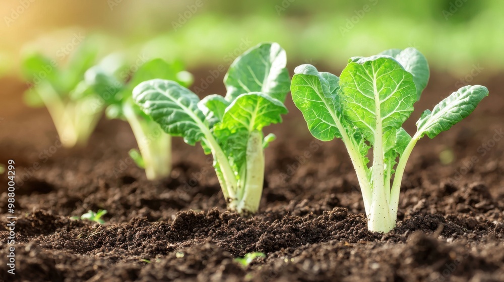 A close-up of organic vegetables growing in rich dark soil in a farm field A close-up of organic vegetables growing in rich dark soil in a farm field