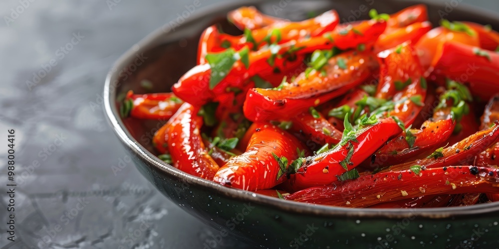Deliciously roasted red bell pepper strips presented in a dish. Deliciously roasted red bell pepper strips presented in a dish.