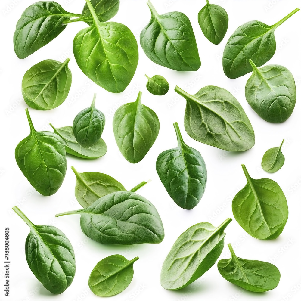 Flying spinach cuts and slices isolated on a white background Flying spinach cuts and slices isolated on a white background