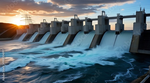 Hydroelectric dam with rushing water and electric turbines turning with the force of the flowing river water , generating clean energy for ecology and zero carbon targets (22)