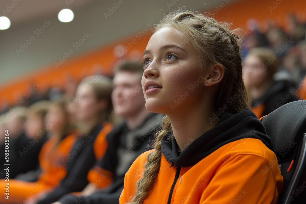 A girl with long hair is sitting in a crowd of people A girl with long hair is sitting in a crowd of people