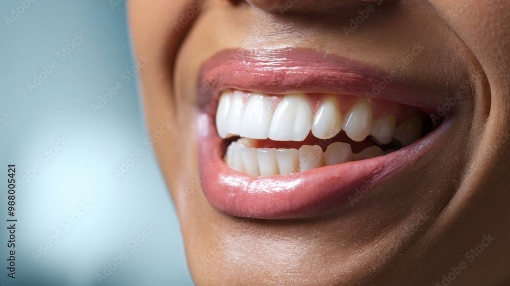 Obraz premium A close-up photo of a person's mouth, emphasizing their teeth and gums. The teeth are white and well-aligned, suggesting good dental health. The lips are slightly parted, revealing a glossy texture.