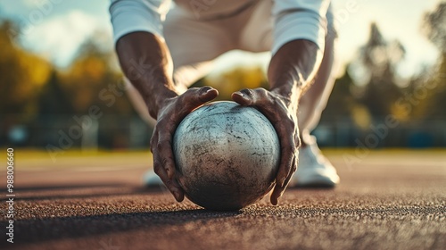 A close-up shot of an athlete preparing to throw a heavy metal shot put during a sports event photo