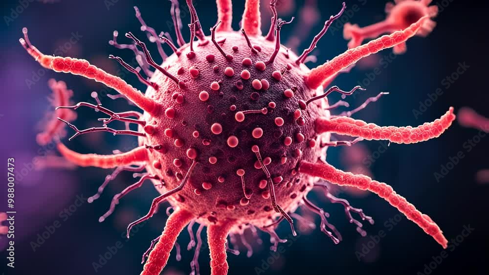 Close-up animation of a red virus particle with spikes on a dark blue background Close-up animation of a red virus particle with spikes on a dark blue background