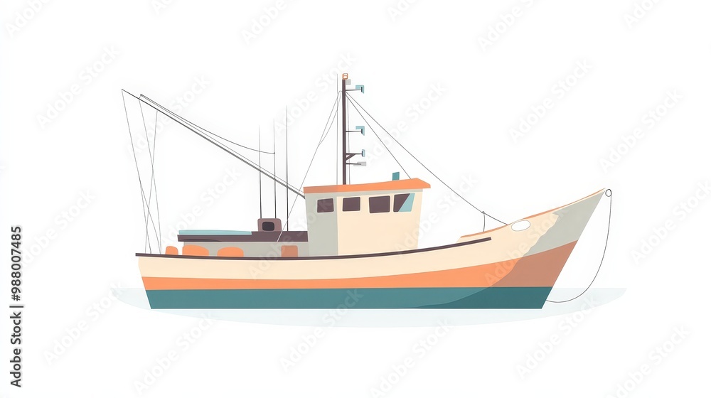 Serene Minimalist 2D Flat Vector Illustration of a White Fishing Boat in Pastel Colors on Transparent Background Serene Minimalist 2D Flat Vector Illustration of a White Fishing Boat in Pastel Colors on Transparent Background