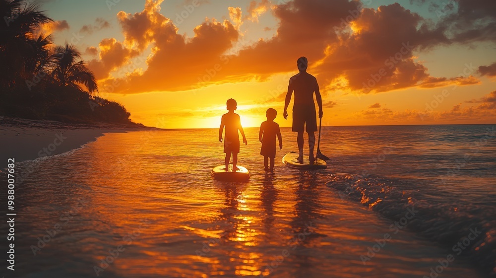 Fototapeta premium Silhouetted figures enjoying a sunset at the beach.