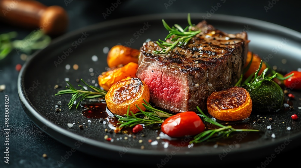 Grilled steak and roasted vegetables presented elegantly on a dark plate, surrounded by minimal garnish, luxurious atmosphere, with space for text Grilled steak and roasted vegetables presented elegantly on a dark plate, surrounded by minimal garnish, luxurious atmosphere, with space for text