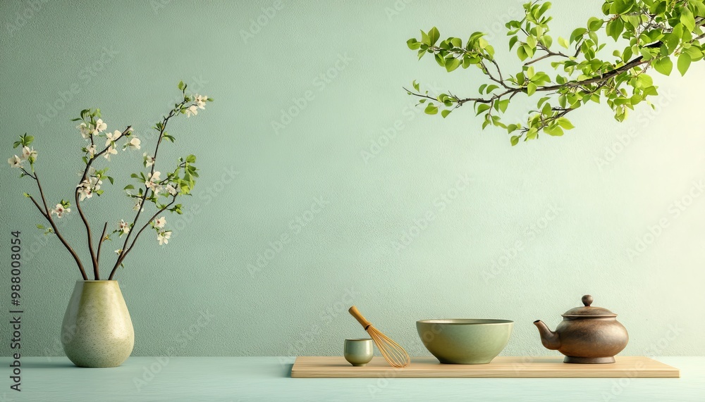 Tea Ceremony Setup with Green Wall and Blooming Branch Tea Ceremony Setup with Green Wall and Blooming Branch