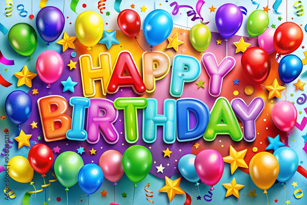 Vibrant Happy Birthday Design with Colorful Balloons, Streamers, and Bold Typography