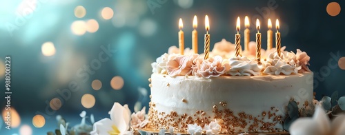 Luxurious birthday cake with golden candles, decorative flowers, and elegant details, designed with ample room for a celebratory message.