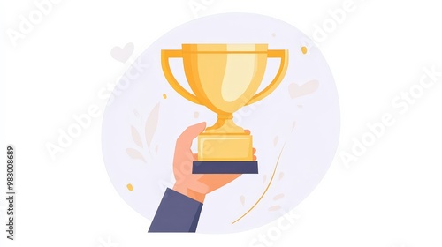 Minimalistic Vector Illustration of Hand Holding Gold Trophy on Transparent Background with Pastel Colors