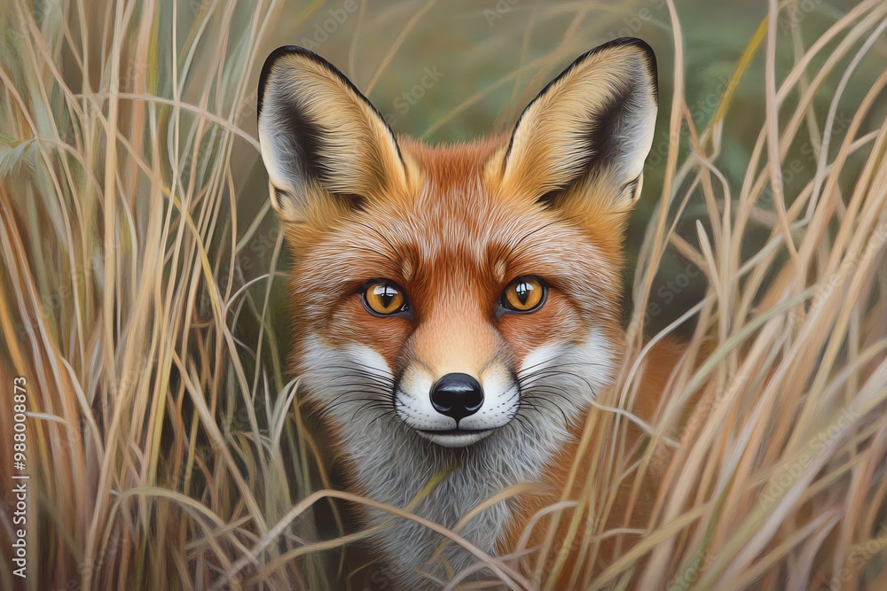 A close-up portrait of a fox peeking through tall grasses, showcasing its vibrant fur and keen expression. A close-up portrait of a fox peeking through tall grasses, showcasing its vibrant fur and keen expression.