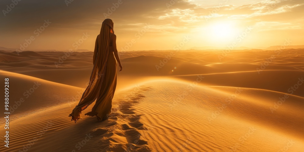 Silhouette of Arabic Woman Walking on Sand Dunes at Sunset | Cultural Beauty and Exotic Desert Landscape Concept Silhouette of Arabic Woman Walking on Sand Dunes at Sunset | Cultural Beauty and Exotic Desert Landscape Concept