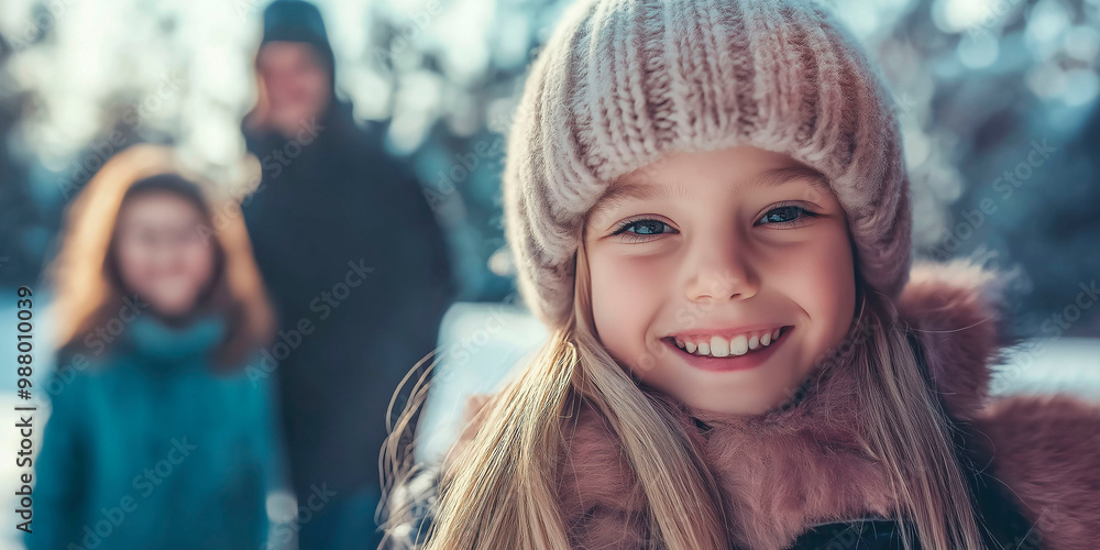 Little girl playing outside in winter season, in the background you can see her family Little girl playing outside in winter season, in the background you can see her family