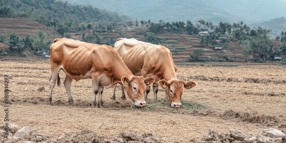 Obraz premium Cows Grazing in a Dry Rice Field During the Northern Laos Dry Season – Rural Farming and Seasonal Agriculture Scene