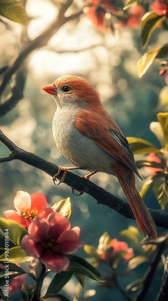 A Tiny Bird Perched on a Branch with Pink Flowers A Tiny Bird Perched on a Branch with Pink Flowers