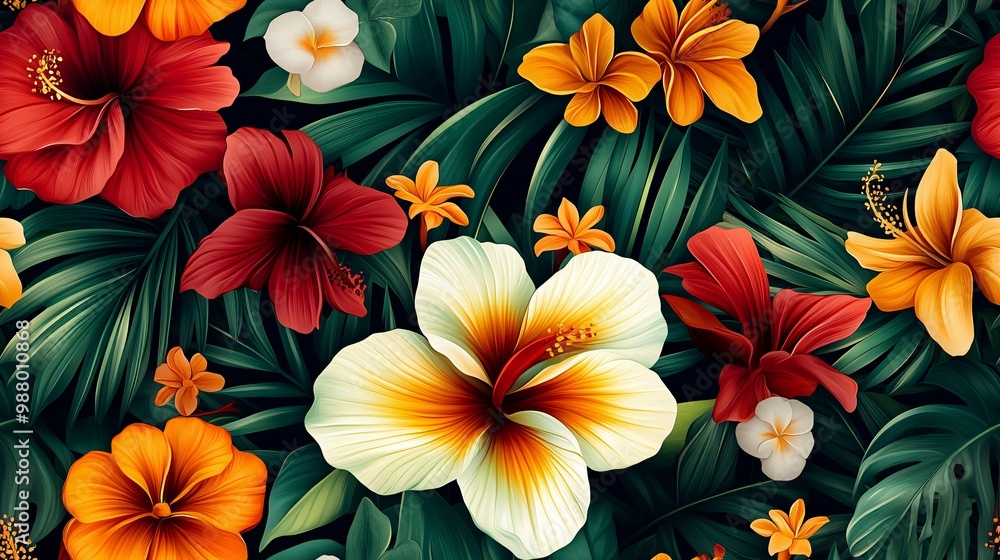 Vibrant Tropical Flowers and Lush Green Foliage Seamless Pattern Vibrant Tropical Flowers and Lush Green Foliage Seamless Pattern