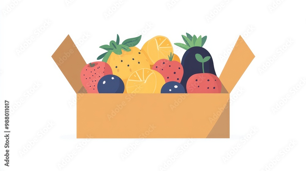 Fototapeta premium Minimalistic 2D Flat Vector Fruit Box Illustration with Geometric Shapes and Pastel Colors on Transparent Background
