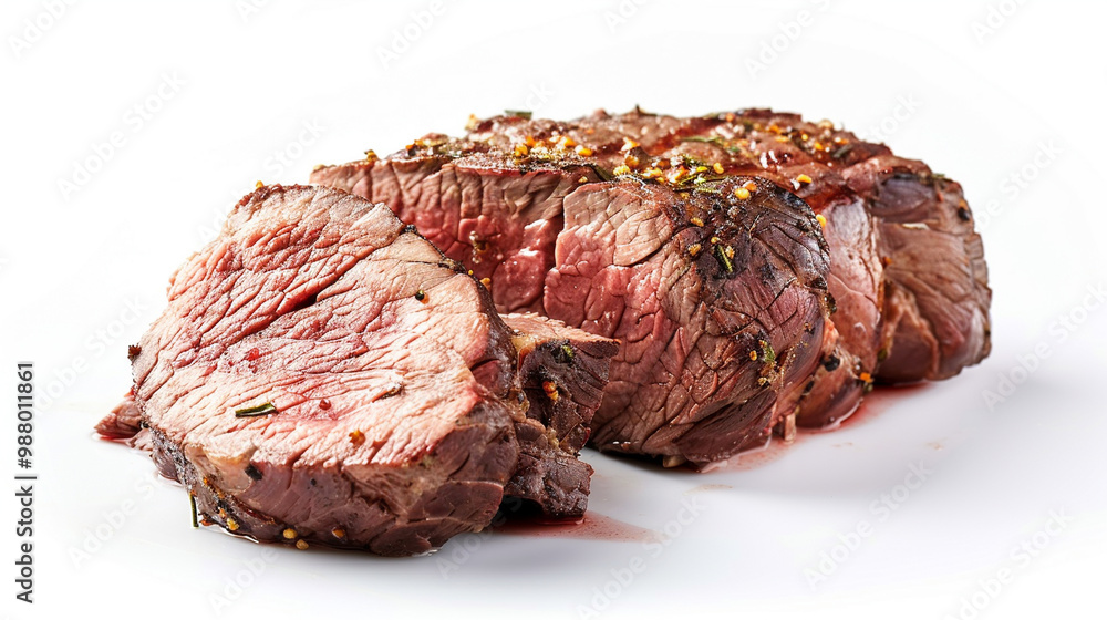 Sliced Raw Meat with Red Juices on a White Background Sliced Raw Meat with Red Juices on a White Background