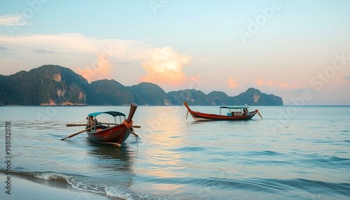 beautiful beach landscape with Vietnamese traditional fishing boat photo