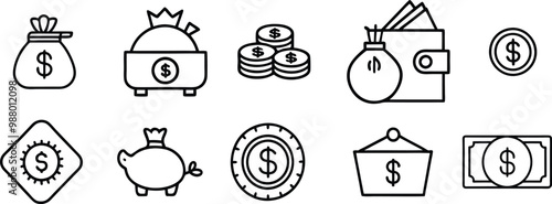 Money, budget, savings, loan, cash, earning, income, wallet, currency, dollar, card, coin, revenue, piggy bank, and profit icon set. Finance business thin line icon collection