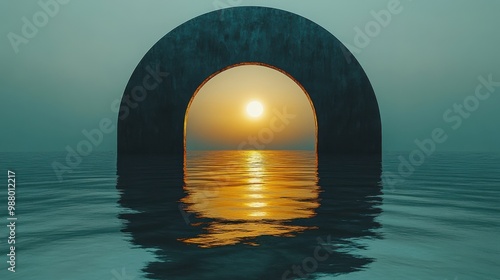 render abstract minimal backgroun with simple geometric shapes golden metal ring behin the black roun arch an reflection in the water on the wet floor photo