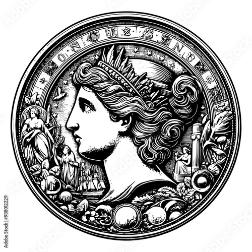 Detailed engraving of a classic coin with a profile portrait. Raster, generative ai.