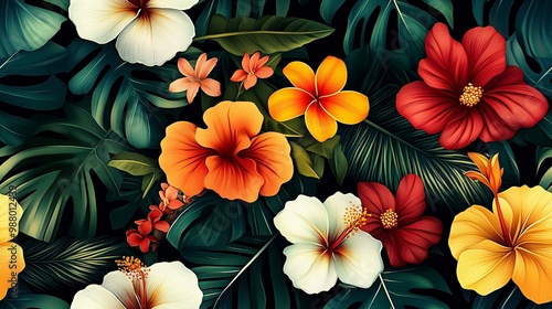 Wallpaper Mural Lush Tropical Floral Pattern with Vibrant Hibiscus and Palm Leaves Torontodigital.ca