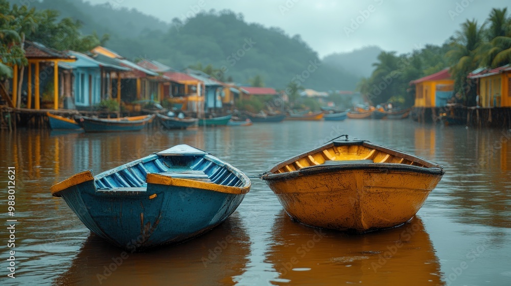 Obraz premium Two colorful boats on a tranquil river surrounded by houses.