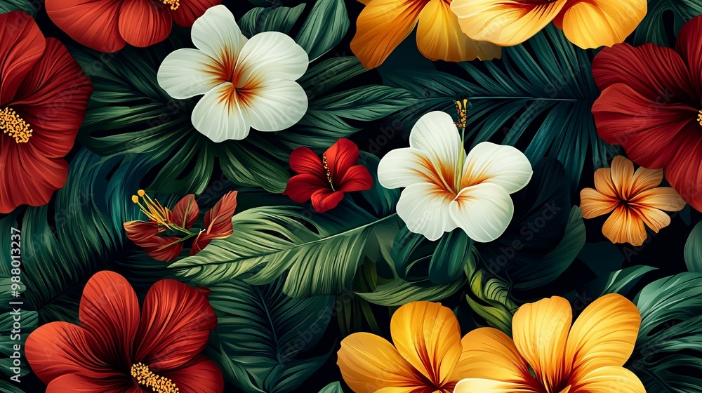 Fototapeta premium Tropical Floral Pattern with Red, White, and Yellow Flowers