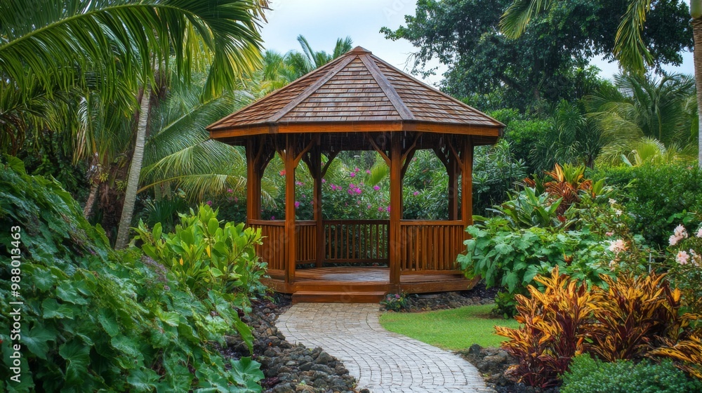 A wooden gazebo with a path leading up to it, surrounded by lush tropical plants. A wooden gazebo with a path leading up to it, surrounded by lush tropical plants.