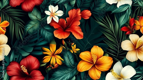 Wallpaper Mural Vibrant Tropical Flowers and Lush Green Foliage Seamless Pattern Torontodigital.ca