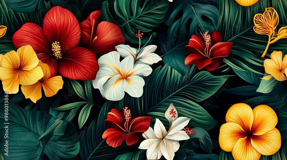 Vibrant Tropical Flowers and Lush Green Foliage Seamless Pattern Vibrant Tropical Flowers and Lush Green Foliage Seamless Pattern