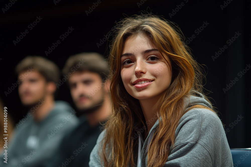 Obraz premium A woman with long brown hair is smiling at the camera