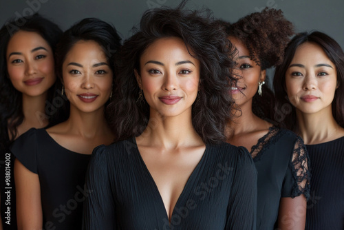 A group of women in black dresses are smiling for the camera