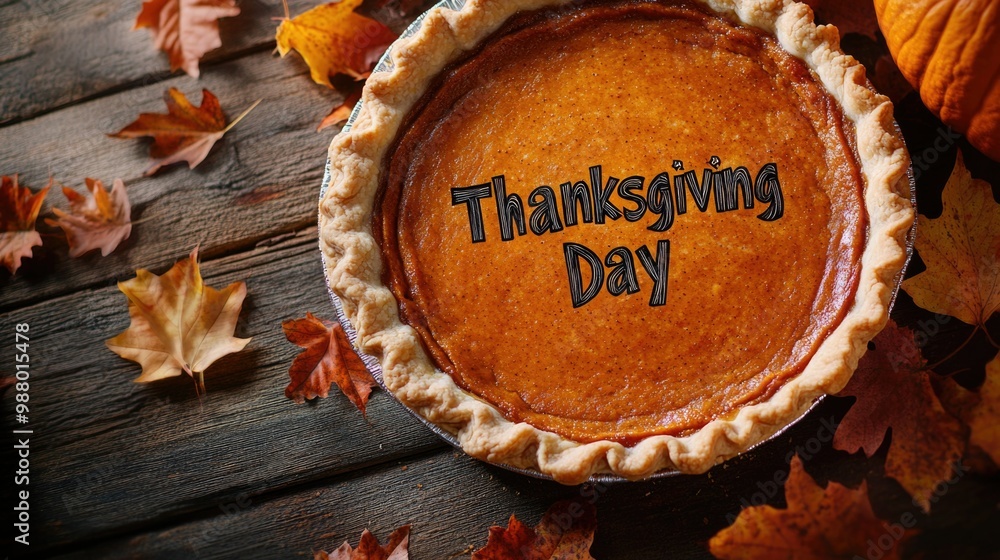Thanksgiving day pumpkin pie on rustic wooden table with autumn leaves - perfect for holiday decor Thanksgiving day pumpkin pie on rustic wooden table with autumn leaves - perfect for holiday decor
