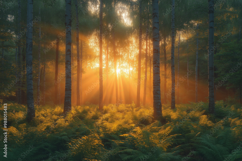 Obraz premium sunrise in the forest, morning in the forest