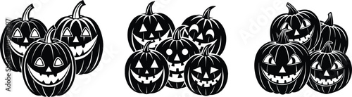 Jack-o-lantern. Pumkins with faces set for Halloween design isolated on white background. Happy Halloween holiday banner for web, postcards, flyers, etc. Flat style vector illustration