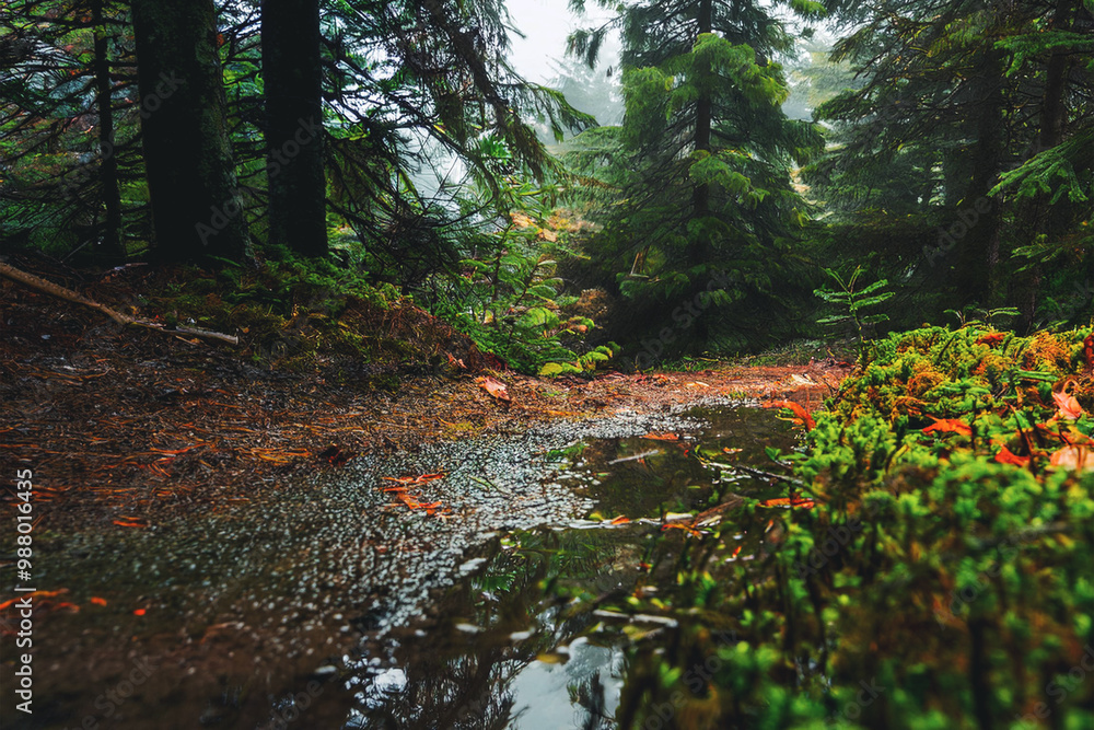 Fototapeta premium Narrow forest path leading through lush green forest