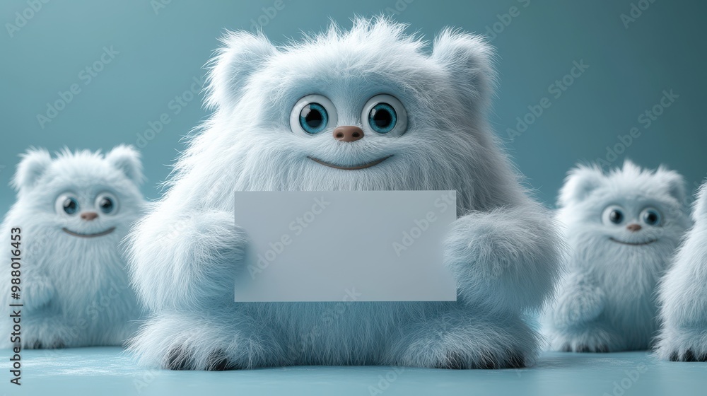 render white hairy yeti holds blank car mockup furry bigfoot toy with empty banner funny winter monster cartoon character isolate on mint blue backgroun standing pose render white hairy yeti holds blank car mockup furry bigfoot toy with empty banner funny winter monster cartoon character isolate on mint blue backgroun standing pose