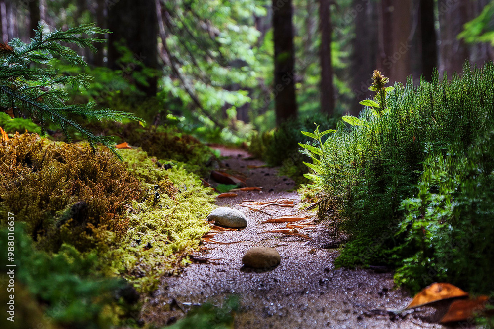 Narrow forest path leading through lush green forest Narrow forest path leading through lush green forest