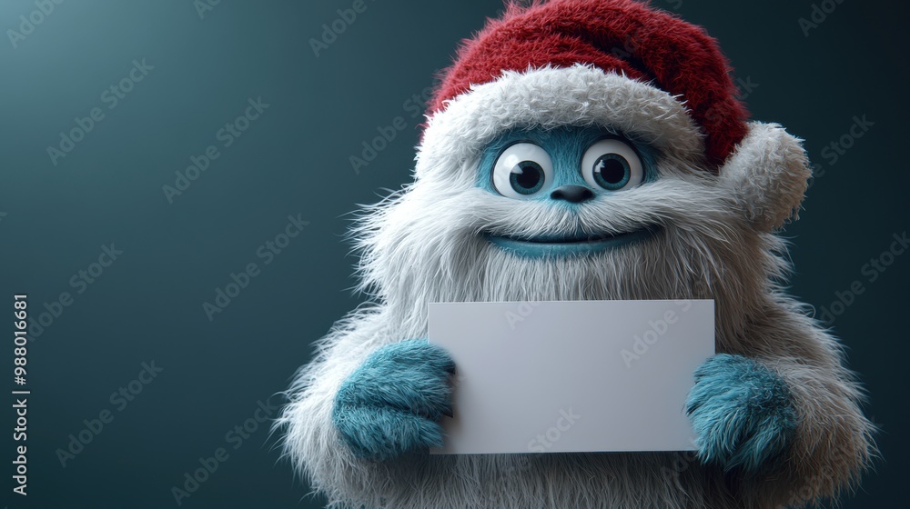 render white hairy yeti wears christmas hat holds white page mockup furry bigfoot toy with empty banner funny winter monster cartoon character isolate on re backgroun standing pose render white hairy yeti wears christmas hat holds white page mockup furry bigfoot toy with empty banner funny winter monster cartoon character isolate on re backgroun standing pose