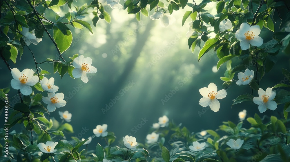 Serene forest scene with blooming white flowers and soft sunlight. Serene forest scene with blooming white flowers and soft sunlight.