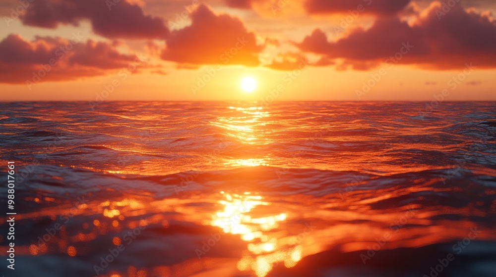 Obraz premium Serene sunset over calm ocean waters with reflective light.