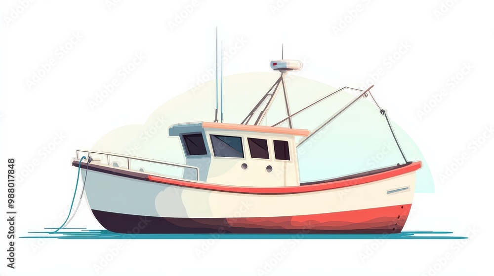 Minimalistic Small White Fishing Boat Vector Illustration in Soft Pastel Tones Minimalistic Small White Fishing Boat Vector Illustration in Soft Pastel Tones