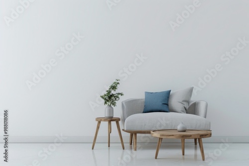 Minimalist living room interior with a comfortable armchair and stylish decor. Perfect for showcasing furniture or home decor.