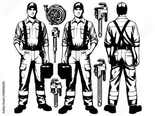 A worker engaged in installation, plumber in three options in special clothing. Generative ai.
